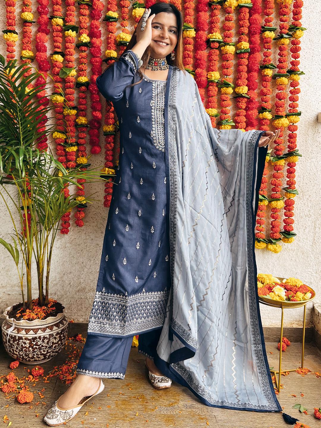 Shop Grey Embroidered Pant Suit Online in USA with Maroon Dupatta – Pure  Elegance